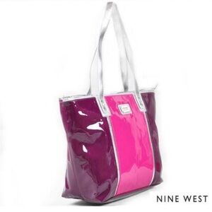 Nine West 2-Tone Trendy Tote patent material in burgundy, pink and silver.